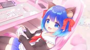1girl animal_ear_fluff animal_ears blue_eyes blue_hair blue_skirt blush carpet cellphone chair computer computer_keyboard computer_mouse computer_tower controller desk frills gaming_chair hair_between_eyes hair_ornament hair_ribbon heart heart-shaped_pillow highres kuroa_(utaite) long_sleeves necktie nintendo_switch paw_print phone pillow ribbon shirt skirt sleeves_past_wrists smile stuffed_toy swivel_chair tagme thighhighs