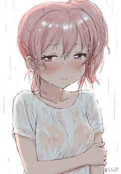 1girl blush breasts covered_erect_nipples hair_between_eyes highres kemono_friends looking_at_viewer masuyama_ryou medium_breasts nana_(kemono_friends) no_bra open_mouth pink_eyes pink_hair rain see-through_clothes see-through_shirt shirt short_hair short_sleeves side_ponytail solo wet wet_clothes wet_hair wet_shirt white_shirt