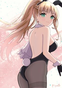 &gt;:) 1girl alternate_costume alternate_hairstyle animal_ears ass back bare_back bare_shoulders black_gloves black_leotard black_pantyhose blonde_hair blush braid breasts bright_pupils closed_mouth commentary_request cowboy_shot fake_animal_ears fake_tail floating_hair from_behind gloves green_eyes hair_between_eyes half_up_braid heaven_burns_red highleg highleg_leotard highres large_breasts leotard long_hair looking_at_viewer looking_back pantyhose piyo_(kinkooo333) playboy_bunny rabbit_ears rabbit_tail sidelocks signature smile solo straight_hair strapless strapless_leotard tail thighband_pantyhose toujou_tsukasa v-shaped_eyebrows very_long_hair white_wrist_cuffs wrist_cuffs