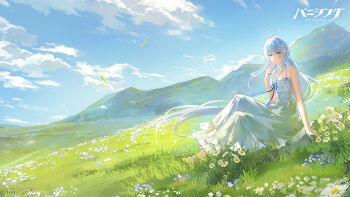Rule 34 | 1girl, alternate costume, bare arms, blue hair, blue sky, closed mouth, cloud, commentary request, daisy (flower), dress, field, floating hair, flower, grass, hair flower, hair ornament, halo, highres, liv: limpidity (pgr), liv (pgr), long hair, looking at viewer, meadow, mountain, official art, petals, punishing: gray raven, red eyes, scenery, sitting, sky, smile, solo, very long hair, white dress, white flower, white halo