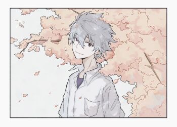 1boy border collared_shirt commentary_request falling_leaves grey_hair hair_between_eyes highres leaf male_focus nagisa_kaworu neon_genesis_evangelion pocket purple_shirt red_eyes school_uniform shirt short_hair smile solo sushi_waaai tokyo-3_middle_school_uniform tree undershirt upper_body white_border white_shirt