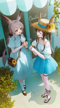 2girls :d ^_^ amiya_(arknights) animal_ear_fluff animal_ears arknights bag bare_shoulders blue_bow blue_choker blue_dress blue_skirt bow breasts brown_hair brown_shoes cafe chalkboard choker closed_eyes door dot_nose double-parted_bangs dress dress_shirt flower food frilled_shirt frills from_above gy1966 hair_between_eyes hair_intakes hair_ornament hair_scrunchie hat hat_flower highres holding holding_food holding_ice_cream holding_ice_cream_cone ice_cream ice_cream_cone jewelry kneehighs light_blush long_hair long_sidelocks mary_janes medium_skirt menu_board multiple_girls off-shoulder_shirt off_shoulder open_mouth orange_eyes plant ponytail potted_plant puffy_short_sleeves puffy_sleeves rabbit_ears rabbit_girl ribbon ring sandals satchel scrunchie shirt shirt_tucked_in shoes short_sleeves sidelocks signature skirt sleeve_ribbon small_breasts smile socks spaghetti_strap standing straw_hat sunflower teeth thigh_strap toes upper_teeth_only very_long_hair vines warmy_(arknights) white_ribbon white_socks wing_collar