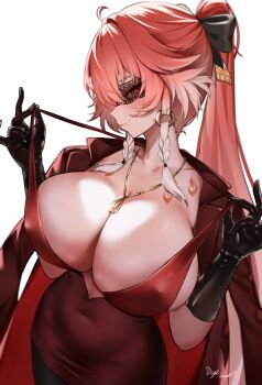 1girl ahoge black_bow black_gloves blush body_markings bow braid breasts changli_(wuthering_waves) cleavage closed_mouth coat coat_on_shoulders collarbone commentary covered_erect_nipples covered_navel dress gloves hair_bow hair_extensions highres huge_breasts jewelry lace_blindfold long_hair multicolored_hair necklace pink_hair ponytail red_coat red_dress ring_hair_extensions signature simple_background smile solo strap_lift suraimuvmv symbol-only_commentary twin_braids two-tone_hair very_long_hair white_background white_hair wuthering_waves