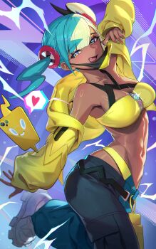 1girl :p absurdres aqua_hair arm_up bandeau black_mask blue_eyes breasts canari_(pokemon) center-flap_bangs cleavage criss-cross_straps dark_skin gen_4_pokemon glint heart highres jacket large_breasts long_sleeves looking_at_viewer mask mask_pull mega_stone mhk_(mechamania) mouth_mask multicolored_hair navel nintendo pants pokemon pokemon_legends:_z-a rotom rotom_phone shoes short_twintails sleeves_past_wrists solo split-color_hair tongue tongue_out twintails two-tone_hair two-tone_mask two-tone_pants white_shoes yellow_bandeau yellow_jacket yellow_mask