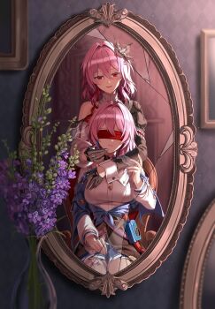 2girls asymmetrical_clothes black_flower black_gloves blindfold blue_skirt breasts broken_mirror colored_blindfold commentary dual_persona evernight_(honkai:_star_rail) fingernails flower gloves hair_between_eyes hair_flower hair_intakes hair_ornament half_gloves hand_up hashtag-only_commentary highres honkai:_star_rail honkai_(series) hug hug_from_behind long_sleeves march_7th_(honkai:_star_rail) march_7th_(preservation)_(honkai:_star_rail) medium_breasts mirror multiple_girls parted_lips pink_hair red_eyes shirt silence_girl single_bare_shoulder sitting skirt smile vase white_shirt