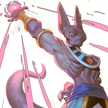 1boy abs animal_ears arm_behind_back arm_up armlet beerus black_nails blue_sash cat_boy cat_ears cat_tail closed_mouth colored_sclera colored_skin dragon_ball dragon_ball_super earrings energy_ball fingernails frown furry furry_male garrett_hanna gold_armlet gold_choker gold_earrings jewelry looking_at_viewer male_focus muscular muscular_male purple_skin red_eyes sash sharp_fingernails single_earring tail usekh_collar white_background yellow_sclera