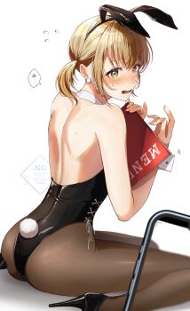 2girls animal_ears ass azusawa_kohane bare_arms bare_back bare_shoulders black_leotard blonde_hair blush brown_eyes brown_pantyhose cellphone collar commentary cross-laced_clothes cross-laced_leotard detached_collar earrings embarrassed fake_animal_ears fake_tail full_body hands_up highleg highleg_leotard highres holding holding_menu jewelry leotard looking_at_another menu multiple_girls n_6m open_mouth out_of_frame pantyhose phone playboy_bunny pom_pom_(clothes) pom_pom_earrings project_sekai rabbit_ears rabbit_tail shiraishi_an sidelocks simple_background sitting smartphone solo_focus speech_bubble strapless strapless_leotard tail taking_picture twintails wariza watermark white_background white_collar white_wrist_cuffs wrist_cuffs