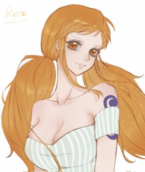 Rule 34 | 1girl, artist name, bare shoulders, breasts, brown eyes, cleavage, closed mouth, collarbone, dated, eyelashes, hashtag-only commentary, highres, hinorena, large breasts, long hair, looking at viewer, low twintails, nami (one piece), off-shoulder shirt, off shoulder, official alternate costume, official alternate hairstyle, one piece, orange hair, shirt, shoulder tattoo, sidelocks, simple background, smile, solo, striped clothes, striped shirt, tattoo, twintails, upper body, vertical-striped clothes, vertical-striped shirt, white background