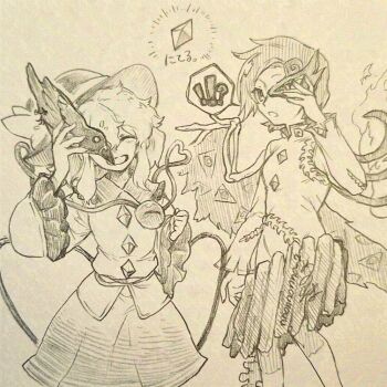 !? 2girls absurdres animalization artist_name asymmetrical_wings bird buttons closed_eyes commentary_request diamond_button eyeball eyes_on_wings fiery_wings frilled_shirt_collar frilled_sleeves frills half_mask hand_on_mask hat hat_ribbon heart heart_of_string highres iwanaga_ariya komeiji_koishi long_sleeves mask mask_over_one_eye menotama multiple_girls open_mouth reiuji_utsuho reiuji_utsuho_(bird) ribbon signature skeletal_clothes skeletal_wings smile spoken_interrobang third_eye touhou traditional_media translation_request wide_sleeves wings