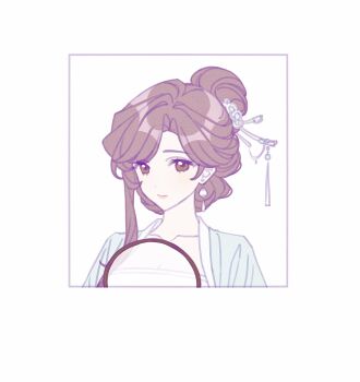 1girl border brown_eyes brown_hair chinese_clothes chinese_commentary closed_mouth collarbone commentary_request earrings hair_bun hair_ornament hair_stick hand_fan hanfu highres jacket jewelry looking_at_viewer original portrait pressplus simple_background single_earring single_hair_bun solo tuanshan upper_body white_background