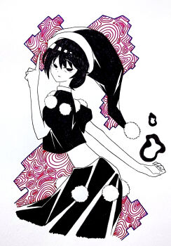 1girl capelet commentary_request doremy_sweet hand_up hat highres index_finger_raised looking_at_viewer pointing pointing_up santa_hat skirt solo spot_color tanishi_(agaribito_snail) touhou traditional_media white_background