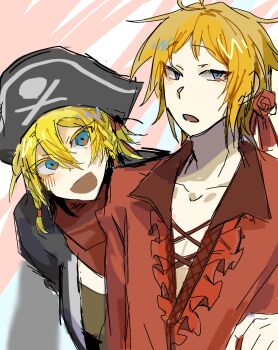 Rule 34 | 2boys, :d, :o, black jacket, blonde hair, blue eyes, braid, chinese commentary, colored eyelashes, commentary request, epic battle fantasy, flower, ggezi, hair between eyes, hat, highres, jacket, leaning forward, male focus, matt (epic battle fantasy), multiple boys, neckerchief, open mouth, pirate hat, red neckerchief, red shirt, rose, shirt, short hair, sketch, smile, twin braids, upper body