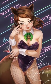 absurdres alcohol alternate_costume animal_ears bell black_background black_leotard black_nails bow bowtie breasts brown_hair character_name cleavage cowboy_shot cup detached_collar drinking_glass fishnets futatsuiwa_mamizou glasses highres holding holding_cup leotard lipstick makeup medium_hair neck_bell neon_lights playboy_bunny raccoon_ears raccoon_tail round_eyewear shirane_koitsu tail tanuki tongue tongue_out touhou wine wine_glass wrist_cuffs