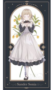 1girl apron black_dress black_shoes blonde_hair blue_ribbon blunt_bangs braid buttons closed_eyes closed_mouth collared_shirt commentary crossed_legs dress english_commentary flower frilled_apron frilled_dress frills full_body hair_ribbon hair_rings hands_up highres juliet_sleeves long_dress long_sleeves maid maid_apron mary_janes original own_hands_clasped own_hands_together praying puffy_sleeves ribbon sandersonia_(flower) shano-pirika shirt shoes short_hair sidelocks smile socks solo standing star_(symbol) white_apron white_socks yellow_flower