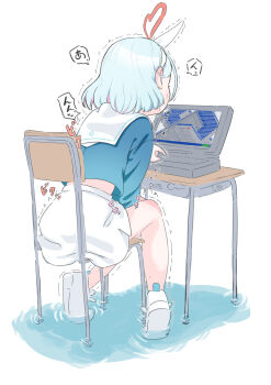 1girl absurdres arona_(blue_archive) between_legs blue_archive blue_hair blue_shirt chair computer desk error_message female_masturbation fingering from_behind halo hand_between_legs heart heart_halo highres knees_together_feet_apart laptop loli masturbation miniskirt on_chair ribbon school_uniform serafuku shirt shoes short_hair sitting skirt solo tamura-chan trembling water white_shoes white_skirt