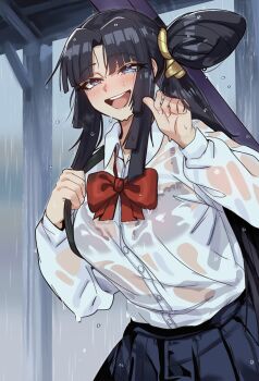 Rule 34 | 1girl, alternate costume, bag, black hair, black skirt, blue eyes, blush, bow, bowtie, bra, bra visible through clothes, breasts, collared shirt, commentary, contemporary, ebora, english commentary, fate/grand order, fate (series), hair bun, half-closed eyes, hand up, highres, holding, holding bag, long hair, long sleeves, looking at viewer, open mouth, outdoors, parted bangs, pleated skirt, rain, red bow, red bowtie, school bag, school uniform, see-through clothes, shirt, shotaalter, shoulder bag, side ponytail, sidelocks, single side bun, skirt, smile, solo, teeth, underwear, upper teeth only, ushiwakamaru (fate), very long hair, wet, wet clothes, wet hair, wet shirt, white shirt