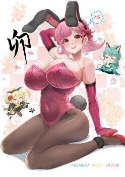 3girls absurdres animal_ears arm_behind_head arms_up black_pantyhose breasts chibi cleavage elbow_gloves fake_animal_ears fake_tail gloves high_heels highres inumiya_rara large_breasts leotard looking_at_viewer medium_hair multiple_girls nekozama_nana pantyhose playboy_bunny red_eyes red_gloves red_leotard red_shoes shoes strapless strapless_leotard tail tirano_rinko usakawa_mimi wixoss wixoss_diva(a)live