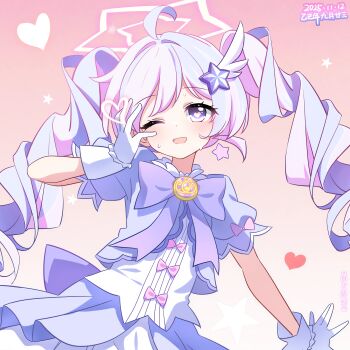 1girl ;d absurdres ahoge artist_name back_bow blue_archive blush bow bowtie chinese_commentary commentary_request dated drill_hair earrings gloves gradient_background hair_ornament halo hand_up heart heart-shaped_pupils highres jacket jewelry layered_skirt long_hair looking_at_viewer magical_girl multicolored_hair official_alternate_costume official_alternate_hairstyle one_eye_closed open_mouth outstretched_hand pink_background pink_bow pink_hair puffy_short_sleeves puffy_sleeves purple_bow purple_bowtie purple_eyes purple_hair purple_jacket purple_skirt reisa_(blue_archive) reisa_(magical)_(blue_archive) shirt short_sleeves signature skirt smile solo southernsandbox star_(symbol) star_earrings star_hair_ornament star_halo star_symbol_background sweat symbol-shaped_pupils twin_drills twintails two-tone_hair upper_body white_gloves white_shirt white_skirt wing_hair_ornament