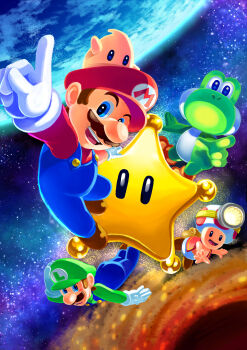 4boys absurdres animal backpack bag black_hole blue_eyes blush brown_hair captain_toad earth_(planet) facial_hair gloves gradient_sky grand_star_(mario) hat highres luigi luma_(mario) male_focus mario_(series) multiple_boys mustache nintendo overalls planet pointing pointing_up sky smile space star_(sky) super_mario_galaxy yoshi yuuma_rimi