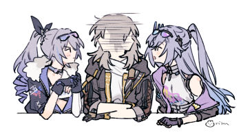 3girls black_coat black_gloves black_jacket closed_mouth coat commentary_request drill_hair drill_ponytail dual_persona eyewear_on_head fingerless_gloves gloves grey_hair highres honkai:_star_rail honkai_(series) jacket long_hair looking_at_another multiple_girls open_clothes open_coat open_jacket parted_lips rizu033 shirt short_sleeves silver_wolf_(honkai:_star_rail) single_off_shoulder stelle_(honkai:_star_rail) trailblazer_(honkai:_star_rail) white_shirt