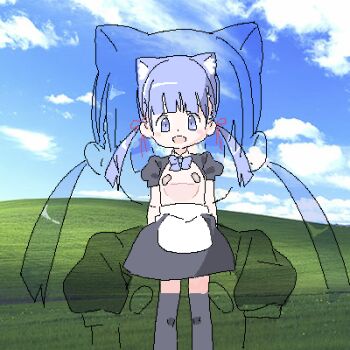 1girl animal_ear_hairband animal_ears apron arms_at_sides arms_behind_back bandaid bandaids_on_nipples black_skirt black_sleeves black_thighhighs bliss_(image) blue_eyes blue_hair blue_sky bow bowtie cat_ear_hairband cat_ears cloud cloudy_sky day fake_animal_ears feet_out_of_frame female_focus field flat_chest grass hairband hill lokulo-chan_(lokulo_no_mawashimono) lokulo_no_mawashimono loli looking_at_viewer low_twintails lowres maid maid_apron matching_hair/eyes microsoft_windows mousou_dairinin oekaki open_mouth original outdoors parody pasties photo_background puffy_short_sleeves puffy_sleeves purple_bow purple_bowtie purple_eyes purple_hair short_sleeves shrug_(clothing) skirt sky smile solo standing straight-on tareme thighhighs topless_female twintails waist_apron windows_xp zoom_layer