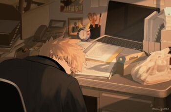 1boy alarm_clock all_might bag bakugou_katsuki black_jacket blonde_hair boku_no_hero_academia book chair clock closed_eyes computer corded_phone desk highres jacket kongpp003 laptop male_focus notebook open_book paper pencil phone photo_(object) picture_frame plastic_bag poster_(object) printer scissors sleeping sleeping_on_desk twitter_username