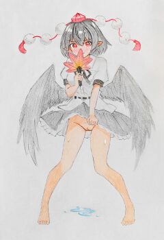 Rule 34 | 1girl, absurdres, barefoot, bird wings, black hair, black ribbon, black wings, blush, cekocn!, cleft of venus, closed mouth, collared shirt, commentary request, ear blush, embarrassed, frilled skirt, frills, full body, hat, hauchiwa, highres, looking at viewer, medium hair, neck ribbon, no panties, pom pom (clothes), puffy short sleeves, puffy sleeves, pussy, pussy juice, pussy juice puddle, red eyes, red hat, ribbon, shameimaru aya, shirt, short sleeves, skirt, skirt tug, solo, toes, tokin hat, touhou, traditional media, white shirt, wings