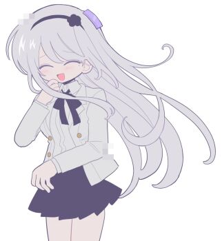 1girl ^_^ black_flower black_hairband black_ribbon black_skirt buttons closed_eyes collared_shirt cowboy_shot flower grey_hair hair_ornament hairband hand_up highres jacket kashimiya_karua kndp087 lapels long_hair long_sleeves miniskirt mole mole_under_eye neck_ribbon notched_lapels open_clothes open_jacket open_mouth pleated_skirt ribbon shirt simple_background skirt smile solo the_hundred_line_-last_defense_academy- very_long_hair white_background white_jacket white_skirt wing_collar