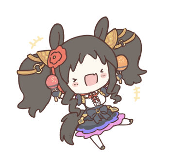 >_< 1girl absurdres animal_ears black_dress black_gloves black_hair blush blush_stickers breasts center_frills chibi chibi_only closed_eyes commentary dress english_commentary fang frills gloves hair_ornament highres holding holding_instrument holding_maracas horse_ears horse_girl horse_tail instrument large_breasts long_hair maracas multicolored_dress open_mouth prototype_design short_sleeves simple_background skin_fang smile solo tail twintails ukichan22905846 umamusume white_background