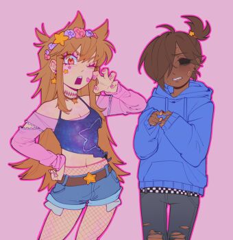 2girls aegyo_sal ahoge alternate_costume alternate_skin_color alternate_universe animification antenna_hair bandaid bandaid_on_face belt belt_buckle blue_hoodie blue_shorts braces breasts brown_belt brown_hair buckle checkered_belt claw_pose cleavage commentary cowboy_shot dark-skinned_female dark_skin darkened_skin dear_starboy denim denim_shorts drawstring earrings eddsworld english_commentary fishnet_pantyhose fishnets galaxy_print genderswap genderswap_(mtf) grey_pants hair_ears hair_ornament hair_over_one_eye hand_on_own_hip head_wreath highres hollow_eyes hood hood_down hoodie jeans jewelry long_hair long_sleeves looking_at_viewer medium_breasts midriff multiple_girls one_eye_closed open_mouth outline pants pantyhose pastel_goth pink_background pink_nails pink_outline pink_pantyhose pink_shirt purple_tank_top red_eyes shirt short_hair shorts shy sidelocks simple_background star-shaped_buckle star_(symbol) star_earrings star_hair_ornament starboy-with-a-gun sticker sticker_on_face tamara_(eddsworld) tank_top tattoo_choker topknot tori_(eddsworld) torn_clothes torn_pants very_dark_skin very_long_hair zipper