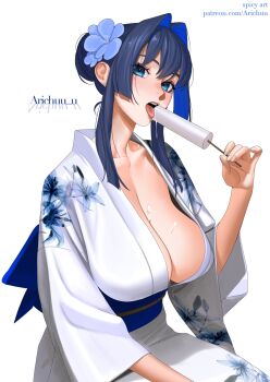 1girl alternate_hairstyle arichuu_u artist_name black_hair blue_eyes blue_flower blue_hair blue_sash blush breasts colored_inner_hair commentary dripping eating english_commentary floral_print flower food food_on_body food_on_breasts hair_flower hair_intakes hair_ornament highres holding holding_food holding_popsicle hololive hololive_english ice_cream japanese_clothes kimono large_breasts licking long_hair long_sleeves looking_at_viewer melting_popsicle mole mole_under_eye multicolored_hair no_bra obi open_clothes open_kimono open_mouth ouro_kronii popsicle sash sexually_suggestive sidelocks simple_background sitting solo tongue tongue_out virtual_youtuber white_background white_kimono wide_sleeves