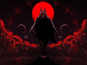 1boy black_robe commentary death_(entity) death_(puss_in_boots) dual_wielding full_body furry furry_male glowing glowing_eyes highres holding holding_sickle hood hood_down hooded_robe looking_at_viewer male_focus puss_in_boots:_the_last_wish red_eyes robe shrek_(series) sickle solo standing sxpervillain symbol-only_commentary wolf wolf_boy