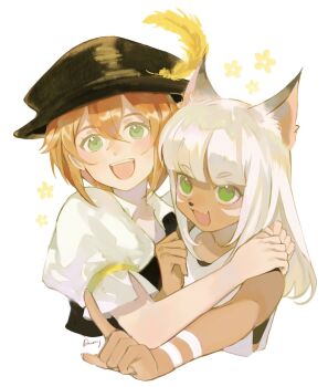 2girls :d animal_ears aubz black_hat commentary crossed_bangs dark-skinned_female dark_skin double-parted_bangs english_commentary fang green_eyes hat hat_feather highres hug long_hair looking_at_viewer multiple_girls ochette_(octopath_traveler) octopath_traveler octopath_traveler_i octopath_traveler_ii open_mouth pointing smile teeth tressa_(octopath_traveler) tressa_colzione upper_teeth_only white_background