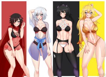 4girls ahoge alternate_hair_length alternate_hairstyle animal_ears arm_behind_head bikini black_bikini black_bra black_hair black_panties black_thighhighs blake_belladonna blonde_hair blue_eyes blush bra breasts cape cat_ears cat_girl cleavage cleft_of_venus collarbone gradient_hair grey_eyes hair_ornament highres lace large_breasts licking_lips lingerie looking_at_viewer medium_breasts multicolored_background multicolored_hair multiple_girls navel o-ring one_eye_closed panties ponytail purple_eyes pussy pussy_cutout red_cape red_hair ruby_rose rwby sash scar seductive_smile see-through_clothes short_hair smile stomach swimsuit tabletknight thick_thighs thighhighs thighs toned toned_female toned_stomach tongue tongue_out two-tone_hair underwear weiss_schnee white_hair wide_hips wink yang_xiao_long yellow_bikini yellow_bra yellow_eyes