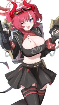 Rule 34 | 1girl, ;d, absurdres, black skirt, black thighhighs, blue archive, bonefire0909, breasts, burnice white, burnice white (cosplay), cleavage, cosplay, eyewear on head, flamethrower, halo, highres, holding flamethrower, holding weapon, horns, large breasts, looking at viewer, megu (blue archive), one eye closed, open mouth, red halo, red horns, skirt, smile, solo, sunglasses, thighhighs, zenless zone zero, zettai ryouiki