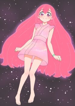 1girl barefoot commentary delicious_party_precure full_body hakuino_hakase henshin highres japanese_clothes kimono long_hair looking_at_viewer magical_girl nagomi_yui pink_eyes pink_hair pink_kimono precure smile solo