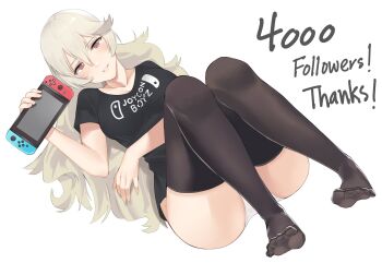 1girl ass black_legwear feet female_corrin_(fire_emblem) female_focus fire_emblem fire_emblem_fates game_console game_controller hair_between_eyes hair_ornament hairband handheld_game_console highres j@ck joy-con long_hair looking_at_viewer nintendo nintendo_switch panties playing_games playing_video_games pointy_ears red_eyes shirt silver_hair simple_background solo t-shirt underwear
