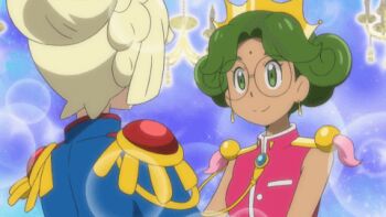 2girls :d alternate_costume alternate_hairstyle animated animated_gif anime_screenshot bare_arms bare_legs bike_shorts bindi blonde_hair blue_gemstone blue_suit cosplay couple crown dancing dark-skinned_female dark_skin dress earrings epaulettes eye_contact female_focus formal_clothes gem glasses green_eyes green_hair hair_down himemiya_anthy himemiya_anthy_(cosplay) holding_hands interracial jewelry legs lillie_(pokemon) long_dress long_sleeves looking_at_another lowres mallow_(pokemon) multiple_girls nintendo open_mouth parody parted_bangs petals pink_dress pokemon pokemon_(anime) pokemon_sm093 pokemon_sm_(anime) scabbard sheath shoujo_kakumei_utena sleeveless sleeveless_dress smile style_parody suit tenjou_utena tenjou_utena_(cosplay) yuri