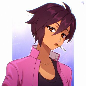 1girl black_hair brown_eyes cigarette collarbone commentary_request cropped_jacket dispatch face_piercing hair_between_eyes highres invisigal_(dispatch) jacket lips looking_at_viewer marishils mixed-language_commentary nose_piercing piercing pink_jacket short_hair solo unlit_cigarette_in_mouth