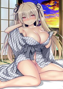 1girl absurdres alternate_costume areola_slip bare_shoulders bath_yukata black_ribbon blonde_hair blush bottomless breasts cleavage cloud cloudy_sky futon grey_kimono hair_between_eyes hair_ribbon highres japanese_clothes kantai_collection kimono kuromayu large_breasts long_hair looking_at_viewer murasame_(kancolle) nose_blush off_shoulder pink_hair ribbon sidelocks sitting sky smile solo tatami twintails very_long_hair wide_sleeves yukata
