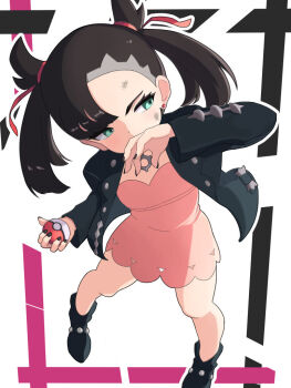 1girl asymmetrical_bangs black_boots black_nails boots dirty dirty_face dress earrings eyelashes green_eyes hair_ribbon hand_up hiyoshipow holding holding_poke_ball jacket jewelry long_sleeves looking_to_the_side marnie_(pokemon) nail_polish nintendo open_clothes open_jacket outline pink_dress poke_ball poke_ball_(basic) pokemon pokemon_swsh ribbon solo standing twintails white_background