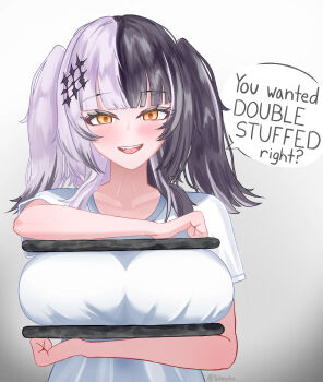 1girl absurdres artistic_error bad_anatomy blush breasts commentary english_commentary english_text grey_background highres hololive hololive_english large_breasts looking_at_viewer meme multicolored_hair oreo reversed_hand shioreos_(meme) shiori_novella shirt short_sleeves simple_background smile solo speech_bubble split-color_hair t-shirt talking twintails upper_body virtual_youtuber white_shirt wrong_hand yahnuko yellow_eyes