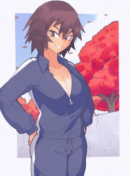 1girl autumn azumanga_daiou blue_jacket blue_pants breasts brown_eyes brown_hair cleavage cloud cloudy_sky falling_leaves grin hands_on_own_hips inkerton-kun jacket kagura_(azumanga_daioh) large_breasts leaf outside_border pants short_hair sky smile tan tanline track_jacket