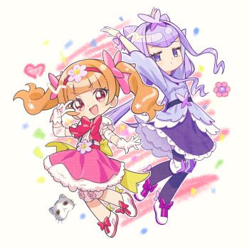 Rule 34 | 2girls, absurdres, aisaki emiru, arms up, black hairband, black thighhighs, blouse, bow, bowtie, brown hair, butterfly hair ornament, casual, cat, chibi, cone hair bun, double bun, elbow sleeve, flower, frilled skirt, frills, gloves, hair bow, hair bun, hair flower, hair ornament, hairband, heart, highres, hugtto! precure, knee sleeve, light frown, long hair, long sleeves, looking at viewer, medium skirt, multiple girls, pink bow, precure, puffy short sleeves, puffy sleeves, purple eyes, purple shirt, purple skirt, red bow, red bowtie, red eyes, red hairband, red skirt, ribbon, rice rabbit22, ruru amour, shirt, shoes, short sleeves, skirt, standing, straight hair, suspender skirt, suspenders, thighhighs, twintails, v, v over eye, white gloves, white shirt, white shoes, wrist ribbon