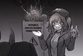 bespectacled breasts chiroru_(cheese-roll) chisel commentary crossed_bandaids cryptocurrency english_commentary english_text flat_cap glasses greyscale hair_bobbles hair_ornament haniwa_(statue) haniyasushin_keiki hat highres jacket jewelry joutouguu_mayumi kawashiro_nitori key key_necklace long_sleeves looking_at_another medium_breasts medium_hair monochrome necklace open_clothes open_jacket open_mouth shirt sign smile solo_focus tools touhou two_side_up upper_body warning_sign