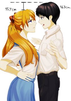 1boy 1girl blue_skirt closed_mouth height_chart height_comparison height_conscious highres ikari_shinji illust_aqua looking_at_another neon_genesis_evangelion open_mouth orange_hair pants school_uniform simple_background size_comparison size_difference skirt souryuu_asuka_langley tokyo-3_middle_school_uniform white_background