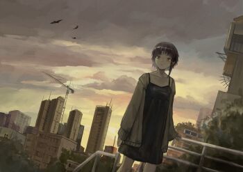1girl absurdres bin_jiang bird brown_eyes brown_hair city cloud commentary hair_ornament highres iwakura_lain scenery serial_experiments_lain short_hair single_sidelock solo x_hair_ornament