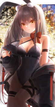 1girl absurdres black_hair black_jacket blush bow brown_eyes brown_pantyhose dappled_sunlight hair_ornament hairclip highres jacket long_hair looking_at_viewer original pantyhose playboy_bunny rabbit_girl red_bow ruo1001 solo standing sunlight