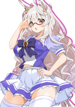 1girl adjusting_eyewear animal_ears biwa_hayahide_(umamusume) blaze_(blazeillust) blush bow bowtie braid braided_bun breasts cowboy_shot crown curvy ear_through_crown glasses grey_hair hair_bun hand_on_own_hip highres horse_ears horse_girl horse_tail horseshoe_ornament impossible_clothes impossible_shirt large_breasts long_hair looking_at_viewer mini_crown miniskirt narrow_waist open_mouth outline pink_outline pleated_skirt puffy_short_sleeves puffy_sleeves purple_bow purple_bowtie purple_shirt sailor_collar sailor_shirt school_uniform semi-rimless_eyewear shirt short_sleeves simple_background skindentation skirt solo summer_uniform tail taut_clothes taut_shirt thick_thighs thighhighs thighs tracen_school_uniform umamusume under-rim_eyewear very_long_hair wavy_hair white_background white_skirt white_thighhighs wide_hips yellow_eyes