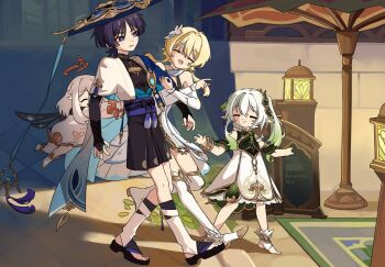 1boy 3girls armlet armor arms_at_sides belt black_belt black_bodysuit black_bow black_bridal_gauntlets black_cape black_hair black_leggings black_sandals black_shorts bloomers blue_cape blue_gemstone blue_hat blue_kimono blue_sleeves blue_trim bodysuit bow bracelet bridal_gauntlets bright_pupils cape carpet choppy_bangs closed_eyes colored_tips detached_sleeves dress eyelashes eyeliner eyeshadow facing_another feathers furisode gem genshin_impact gold gold_ring gold_shoes gold_trim gradient_hair green_hair green_sleeves hair_intakes hair_ornament hakama hakama_shorts half_crown_braid halo halterneck han&#039;eri hat highres japanese_armor japanese_clothes jewelry jingasa kimono kote kurokote lantern layered_kimono layered_sleeves leaf leaf_hair_ornament leg_warmers leggings locked_arms long_hair looking_to_the_side lumine_(genshin_impact) makeup mandarin_collar mechanical_halo menu_board middle_eastern_architecture middle_ring miemiebei moss multicolored_hair multiple_girls nahida_(genshin_impact) open_clothes open_kimono open_mouth outdoors outstretched_arms paimon_(genshin_impact) parasol parted_bangs parted_lips pleated_shorts pointing pointing_forward pom_pom_(clothes) purple_eyes purple_rope purple_sash pushing red_eyeliner red_eyeshadow rope sandals sash scaramouche_(genshin_impact) scarf shadow shoes short_hair short_hair_with_long_locks short_sleeves shorts shoulder_peek side_ponytail sidelocks single_thighhigh socks stirrup_footwear stirrup_legwear sumeru_city tassel thighhighs toeless_legwear toes twitter_username umbrella underwear vision_(genshin_impact) wanderer_(genshin_impact) white_bloomers white_dress white_hair white_kimono white_leg_warmers white_mouth white_pupils white_scarf white_sleeves white_socks white_thighhighs yellow_feathers zouri